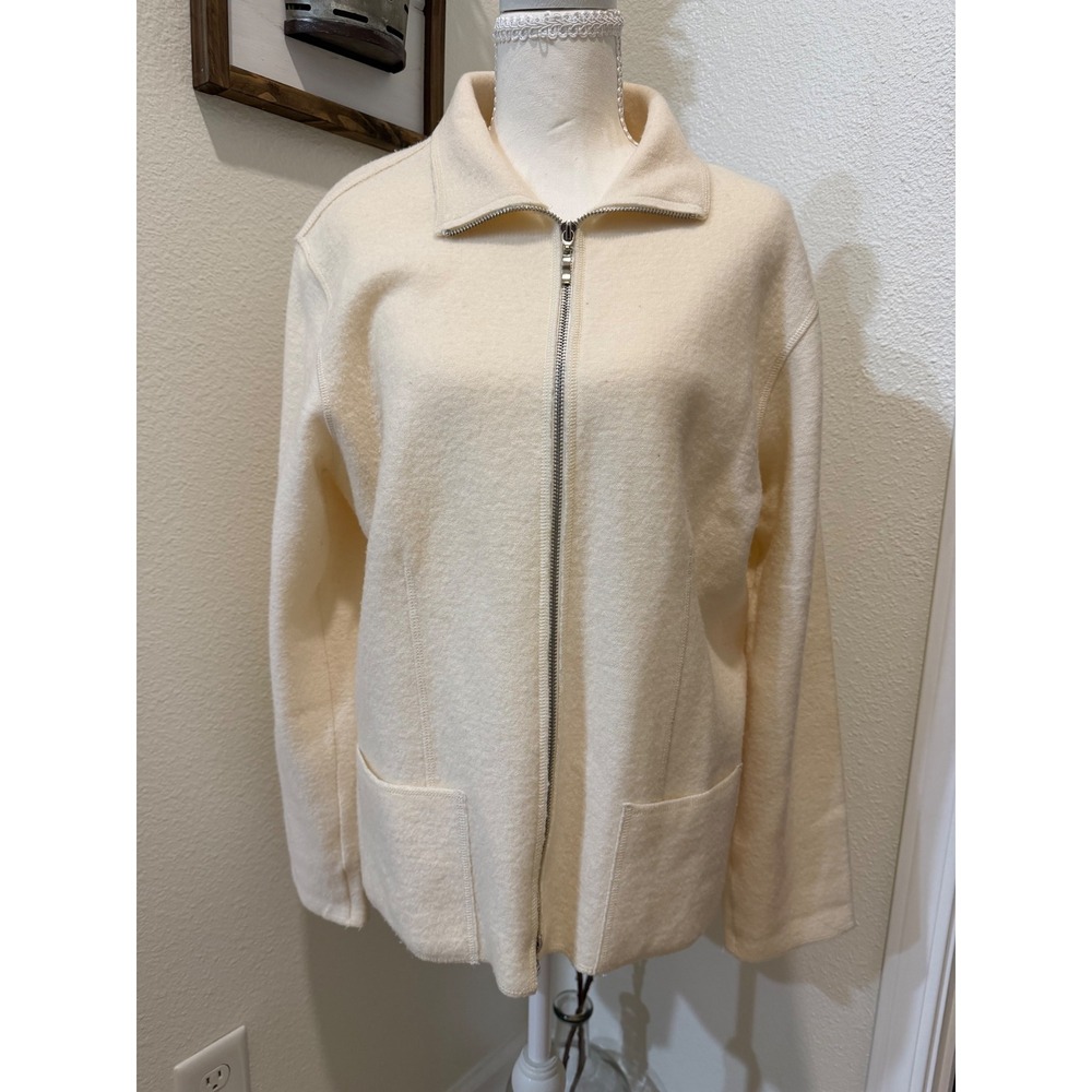 Miss Alliage Collection Cream 100% Wool Full Zip Mock Neck Cardigan Sweater L